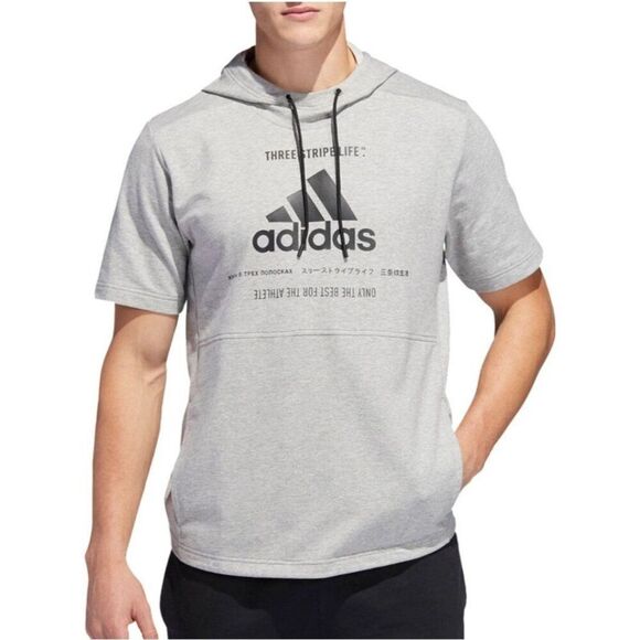 Adidas Mens Post Game Short Sleeve Hooded M Gray Pullover Sweatshirt Sporty - Picture 1 of 8